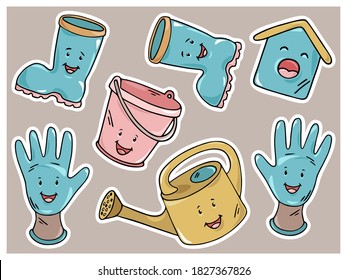 Cute hand drawn accessories, gadgets, agricultural devices, instruments and tools for farming and gardening. Colorful sticker set. Doodle outline farm stuff vector illustration.
