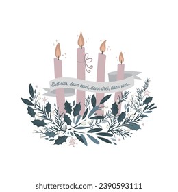 Cute hand drawn Advent wreath with candles, branches ant text - great for First of Advent banners, wallpapers, cards