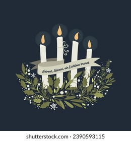 Cute hand drawn Advent wreath with candles, branches ant text - great for First of Advent banners, wallpapers, cards