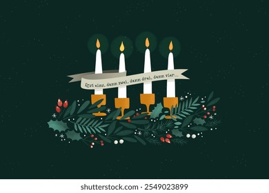 Cute hand drawn Advent wreath with candles, branches ant text in German "first one, then two, then three, then four" - great for First of Advent banners, wallpapers, cards