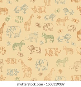 Cute hand drawn African animal safari   seamless pattern background. Perfect for stationary , textile and home decor projects.