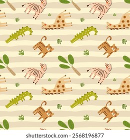 Cute hand drawn african baby animals on a beige neutral with stripes background, kids seamless pattern with zebra, crocodile, giraffe, lion, tiger.