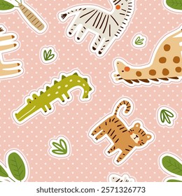 Cute hand drawn african baby animals on a pink neutral with stripes background, kids seamless pattern with zebra, crocodile, giraffe, lion, tiger.