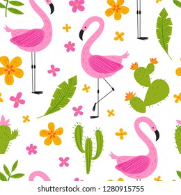 Cute hand drawn African bird. Seamless vector pattern. Pink flamingo, flowers, palm leaves and cactus. Tropical background for endless surface, textile, fabric for kids. Chalk and pencil brush texture