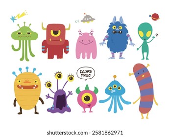 Cute hand drawn alien illustration set