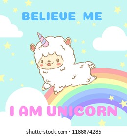 Cute hand drawn alpaca in unicorn costume running on the rainbow. Cute cartoon character. Vector illustrator.