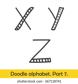 Cute hand drawn alphabet. Doodle letters X-Z.