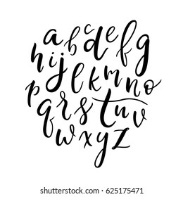 Cute hand drawn alphabet. English / Latin modern calligraphy alphabet. Simple style ABC, font, script, typeset, typeface. Black and white vector illustration.