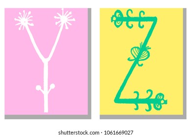 Cute hand drawn alphabet in flower style made in vector. Doodle letters Y, Z  for your design. Isolated characters. Handdrawn font.