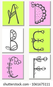 Cute hand drawn alphabet in flower style made in vector. Doodle letters A, B, C, D, E, F for your design. Isolated characters. Handdrawn font.