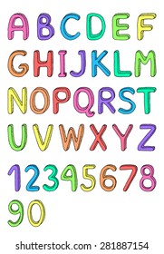 Cute hand drawn alphabet, stylized dots. Set of letters for your design. Creative design elements. Colorful alphabet and numbers