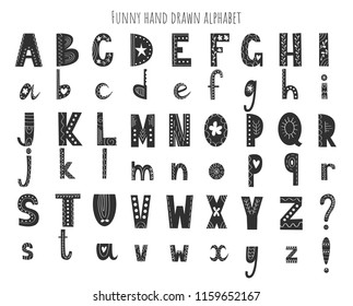 Cute hand drawn alphabet. Vector letters set. Scandinavian style with decorations