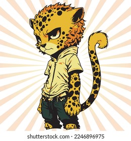 cute hand drawn angry Cheetah character wearing streetwear clothes for kids