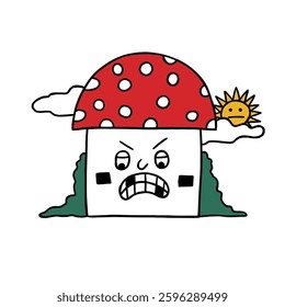 cute hand drawn angry mushroom house character illustration