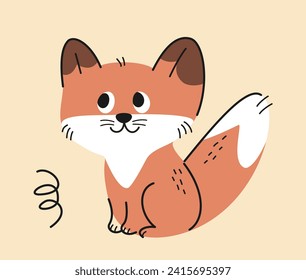 Cute hand drawn animal. Adorable friendly baby fox woodland inhabitant. Funny forest beast or mammal. Design for nursery room decoration. Cartoon flat vector illustration isolated on beige background