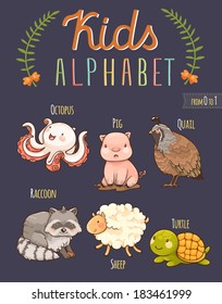 Cute hand drawn animal alphabet: letters from O to T