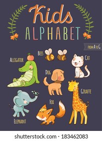 Cute hand drawn animal alphabet: letters from A to G