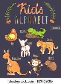 Cute hand drawn animal alphabet: letters from H to N