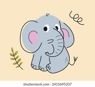 Cute hand drawn animal. Baby African elephant inhabitant of savannah or safari. Adorable little animal with trunk. Beast from Jungle. Cartoon flat vector illustration isolated on beige background