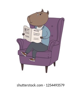 Cute  hand drawn animal capybara character sitting in the armchair and reading the newspaper.