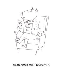 Cute  hand drawn animal capybara character sitting in the armchair and reading the newspaper. For coloring book