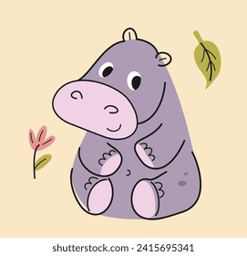Cute hand drawn animal. Charming smiling hippopotamus inhabitant of savannah or jungle. Wild African baby beast. Design for nursery room. Cartoon flat vector illustration isolated on beige background