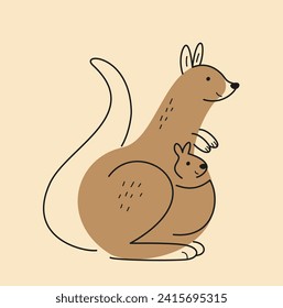 Animales bien dibujados a mano. Pegatina o ícono de doodle con adorable canguro australiano. Sonriente marsupial salvaje habitante de sabana. Dibujo vectorial plano de dibujos animados aislado en fondo beige