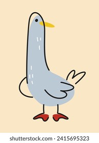 Cute hand drawn animal. Doodle sticker with funny goose or duck. Bird farm dweller. Design element for printing on children clothing. Cartoon flat vector illustration isolated on beige background