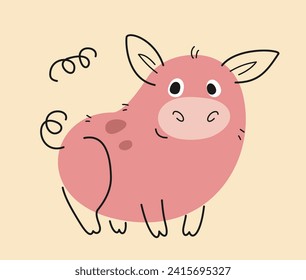 Animales bien dibujados a mano. Pegatina de doodle con adorable cerdo con hocico y cola. Animales agrícolas. Divertido mamífero agrícola. Vida salvaje y amigable. Dibujo vectorial plano de dibujos animados aislado en fondo beige