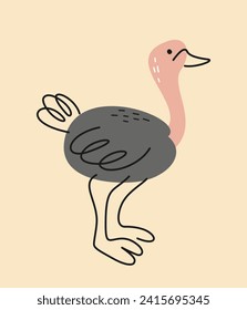 Cute hand drawn animal. Doodle sticker or icon with tall African ostrich inhabitant of savannah. Big unusual bird. Wild life or zoo. Cartoon flat vector illustration isolated on beige background