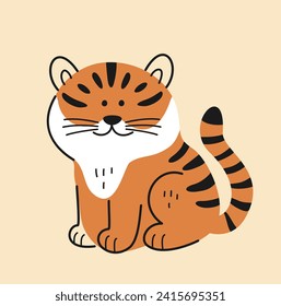 Cute hand drawn animal. Doodle Sticker with adorable African striped tiger. Mammal or predator inhabitant of savannah or jungle. Cartoon flat vector illustration isolated on beige background