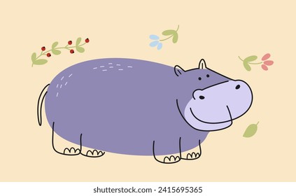 Cute hand drawn animal. Doodle icon or sticker with adorable hippopotamus. Wild African mammal inhabitant of savannah or jungle. Cartoon flat vector illustration isolated on beige background