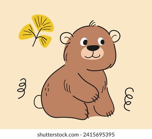 Cute hand drawn animal. Doodle sticker with adorable baby bear or grizzly bear. Mammal inhabitant of forest. Scandinavian style design. Cartoon flat vector illustration isolated on beige background