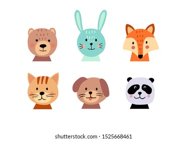 Cute hand drawn animal faces set on white background. Cartoon characters of bear, cat, bunny, fox,  dog, panda. Perfect for baby or kid design. Vector illustration