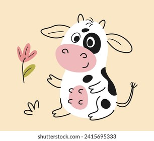 Cute hand drawn animal. Farming and agriculture. Doodle sticker with adorable baby cow or calf. Artiodactyl mammal or herbivore. Cartoon flat vector illustration isolated on beige background