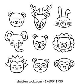 Cute hand drawn animal heads. Collection of baby animals in doodle style on a white background. Linear vector illustration.