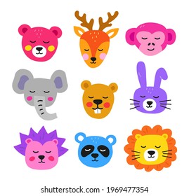Cute hand drawn animal heads. Collection of baby animals in flat style on a white background. Vector illustration for prints, kids products, cards, apparel.