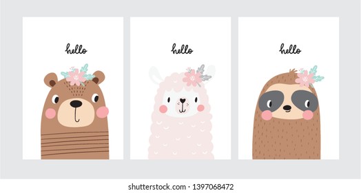 Cute hand drawn animal for kids poster. Cute bear, sloth, alpaca cartoon vector illustration. Hand drawn vector illustration for posters, cards, t-shirts.