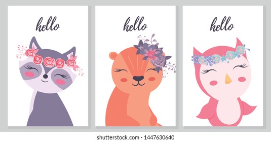 Cute hand drawn animal for kids poster. Cute owl, raccoon, beaver cartoon vector illustration. Hand drawn vector illustration print for posters, cards, t-shirts.