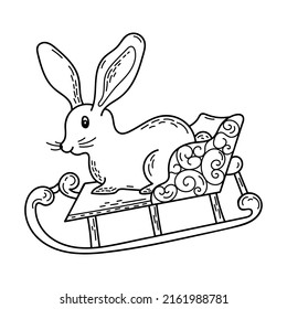 Cute hand drawn animal rabbit. New Year's character on a sled. Black and white illustration in doodle style. Merry Christmas! Chinese new year 2023