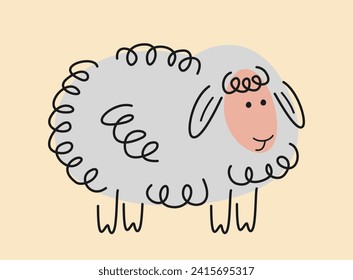 Cute hand drawn animal. Sticker with fluffy little sheep. Farm or agricultural animal. Design in doodle style for nursery room decoration. Cartoon flat vector illustration isolated on beige background