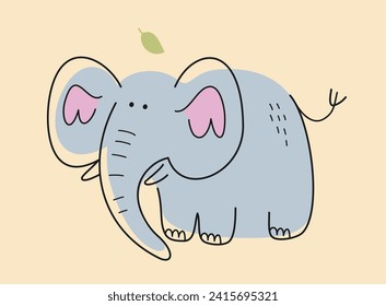 Cute hand drawn animal. Sticker with adorable African Elephant. Smiling mammal inhabitant of savannah. Icon with beast in doodle style. Cartoon flat vector illustration isolated on beige background