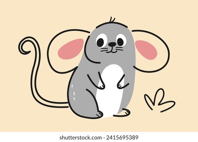 Animales bien dibujados a mano. Pegatina con adorable ratón o rata en estilo doodle. Bosque o bosque habitado por roedores o mamíferos. Dibujo vectorial plano de dibujos animados aislado en fondo beige