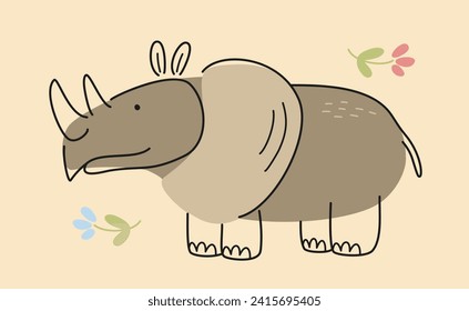 Cute hand drawn animal. Sticker with adorable African rhinoceros in trendy doodle style. Mammal and herbivore inhabitant of savannah. Cartoon flat vector illustration isolated on beige background