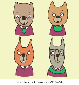 cute hand drawn animal vector set, forest animals avatars collection, bear, fox, squirrel and rabbit in glasses, isolated design objects, ready to use