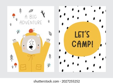 Cute hand drawn animals camper in scandinavian style. A big adventure with animals cartoon character - vector print