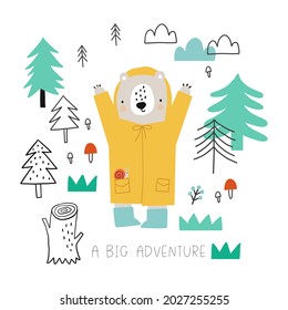 Cute hand drawn animals camper in scandinavian style. A big adventure with animals cartoon character - vector print
