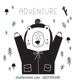 Cute hand drawn animals camper in scandinavian style. A big adventure with animals cartoon character - vector print