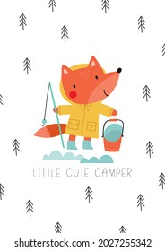 Cute hand drawn animals camper in scandinavian style. A big adventure with animals cartoon character fox - vector print