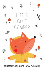 Cute hand drawn animals camper in scandinavian style. A big adventure with animals cartoon character fox - vector print